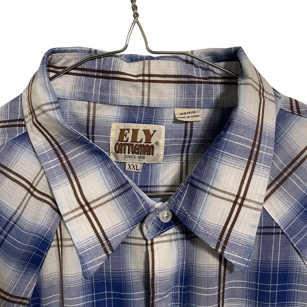 Ely Cattleman Western Pearl Snap‎ Shirt Mens XXL Blue White Plaid Long Sleeve - Picture 9 of 9